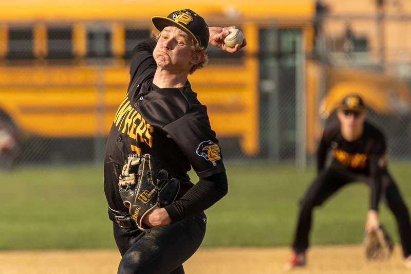 Kade Zimmerlein (7) of Putnam County pitches on Thursday, April 17, 2025 at Woodland High School in Streator.