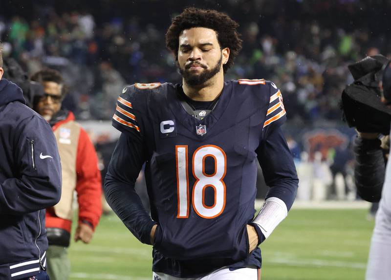 Chicago Bears quarterback Caleb Williams leaves the field after their 6-3 loss to the Seattle Seahawks Sunday, Dec. 26, 2024, at Soldier Field in Chicago.