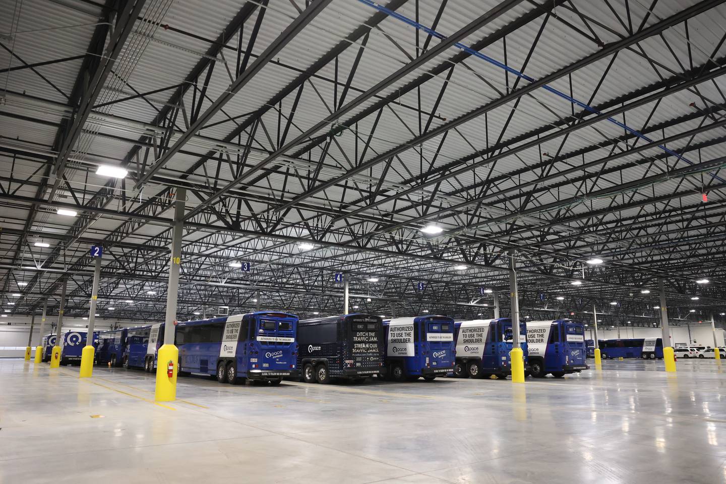 Nearly a hundred Pace vehicles sit inside the New Heritage Plainfield Facility.
