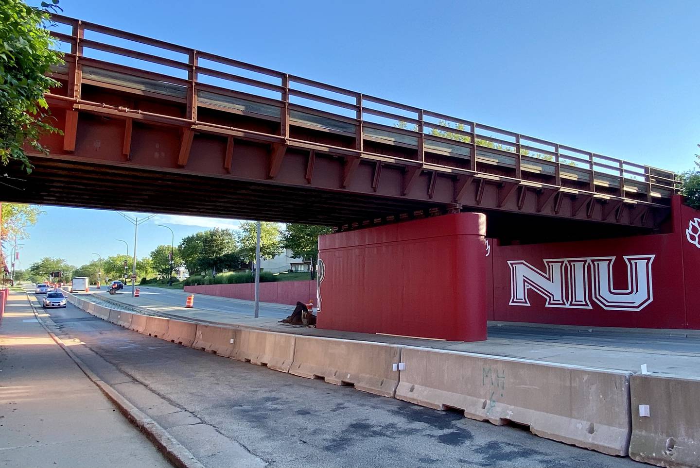 Road work on North Annie Glidden Road in DeKalb underneath the overpass blocks one of the northbound lanes for construction Wednesday, Aug. 7, 2024. The work is expected to be complete by Aug. 22, according to the City of DeKalb.