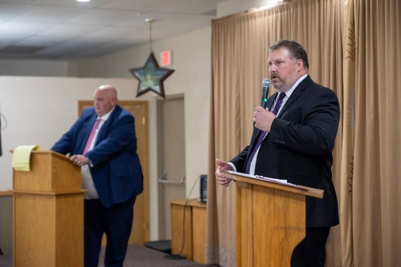 Bureau County States Attorney Candidate Dan Anderson speaks to crowd at debate on Wednesday, October 2, 2024 at Moose Lodge in Princeton.