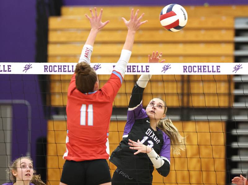 Dixon’s Solis Thompson hits the ball by Ottawa's Belle Markey Tuesday, Oct. 28, 2025, during their Class 3A regional semifinal match at Rochelle High School.