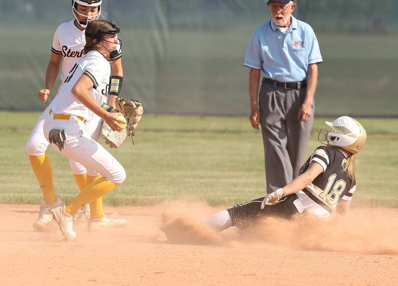 Sterling's Katie Taylor forces out Sycamore's Addison McLaughlin at second during their Class 3A sectional championship game Friday, June 2, 2023, at Belvidere North High School.