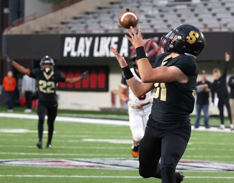 Sycamore's Cooper Bode gets behind the DeKalb defense for a long touchdown on fourth down Friday, Aug. 29, 2025, during the FNBO Challenge in Huskie Stadium at Northern Illinois University.