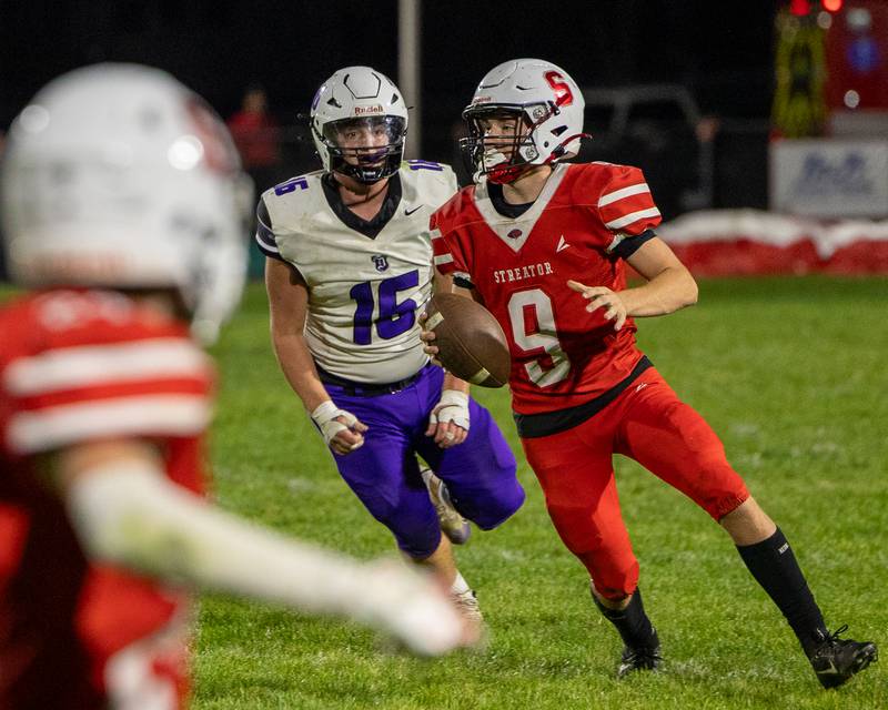 Sam Lerette (9) of Streator runs ball in game against Dixon on Friday, October 17, 2025 at Streator High School in Streator.
