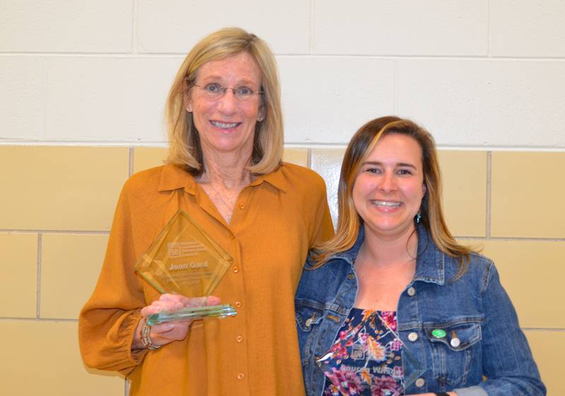 Joan Gard, instructional assistant at O’Neill (at left) and Lauren Wilson, preschool teacher at Henry Puffer were honored as the two winners of the Distinguished Service Awards at a ceremony May 15.