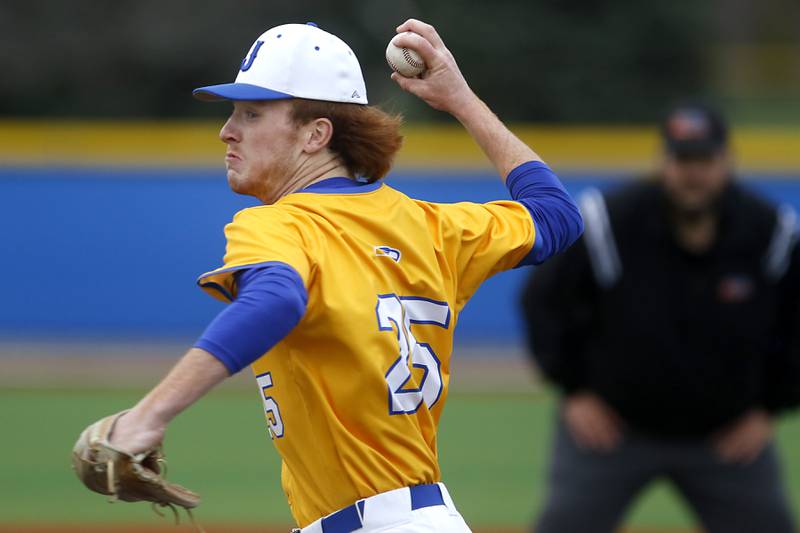 Johnsburg's Deegan Turner throw a pitch during a Kishwaukee River Conference baseball game against Marengo on Monday, April 21, 2025, at Johnsburg High School.