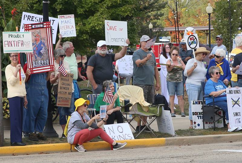 People gather at Rotary Park during the No Kings protest on Saturday, Oct. 18, 2025 in Princeton.