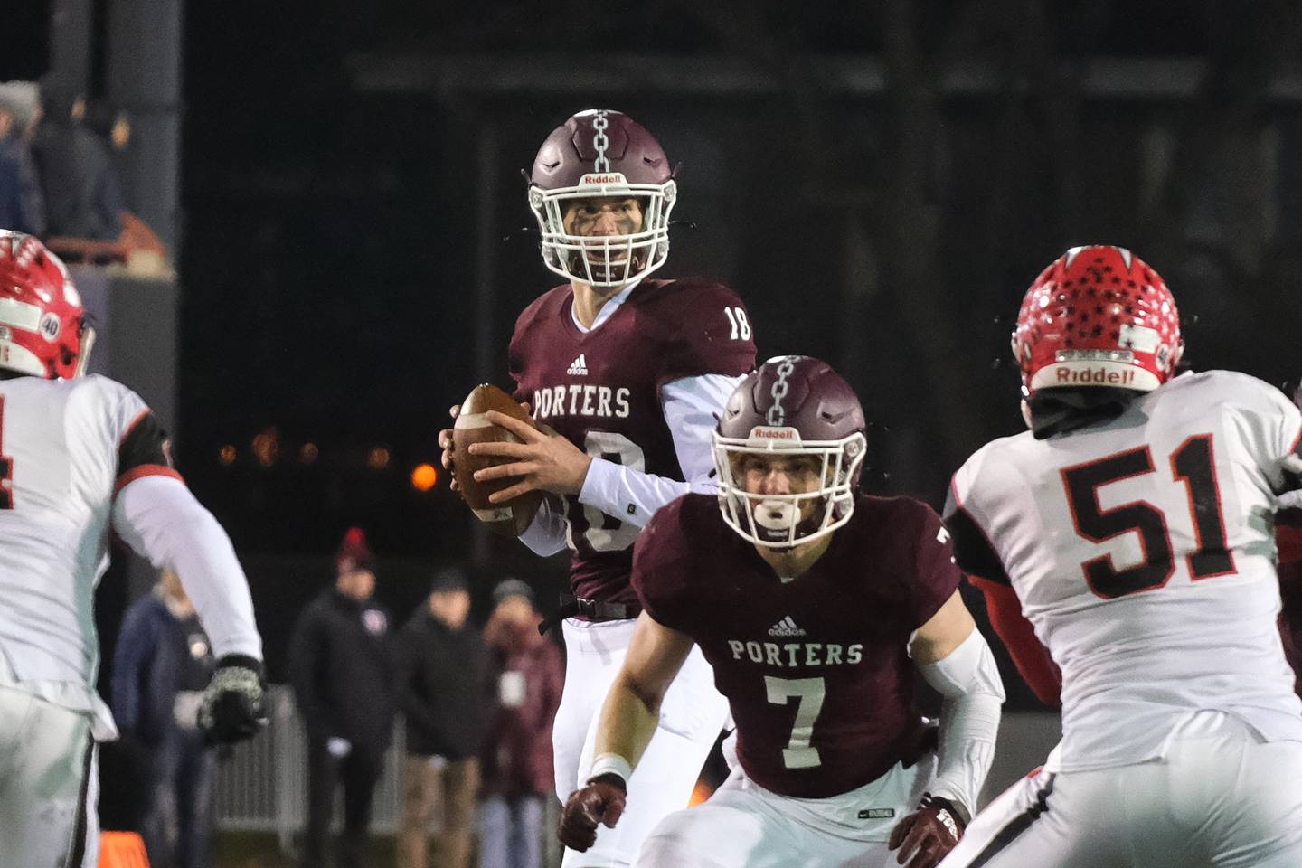 Lockports Hayden Timosciek looks to pass against Maine South in the Class 8A state championship at NIU Huskie Stadium. Saturday, Nov. 27, 2021 in DeKalb.