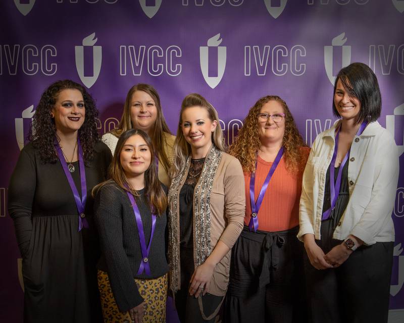 Illinois Valley Community College's first Medical Assistant graduating class included, from left,Dayna Garcia, Melissa Lisette Serna, Breanne Fultz, program coordinator Kaity Ritter, Kelly Smith and Brandee Bernhardt. Graduates Emily Mitchell of Oglesby and Christine Buckley of Ransom were unable to attend the ceremony.