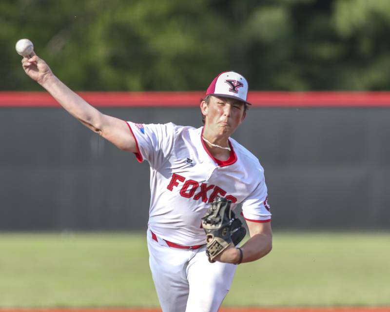 Yorkville's Preston Regnier (25) delivers a pitch during baseball game between Oswego East at Yorkville. Monday, May 12, 2025 in Yorkville.