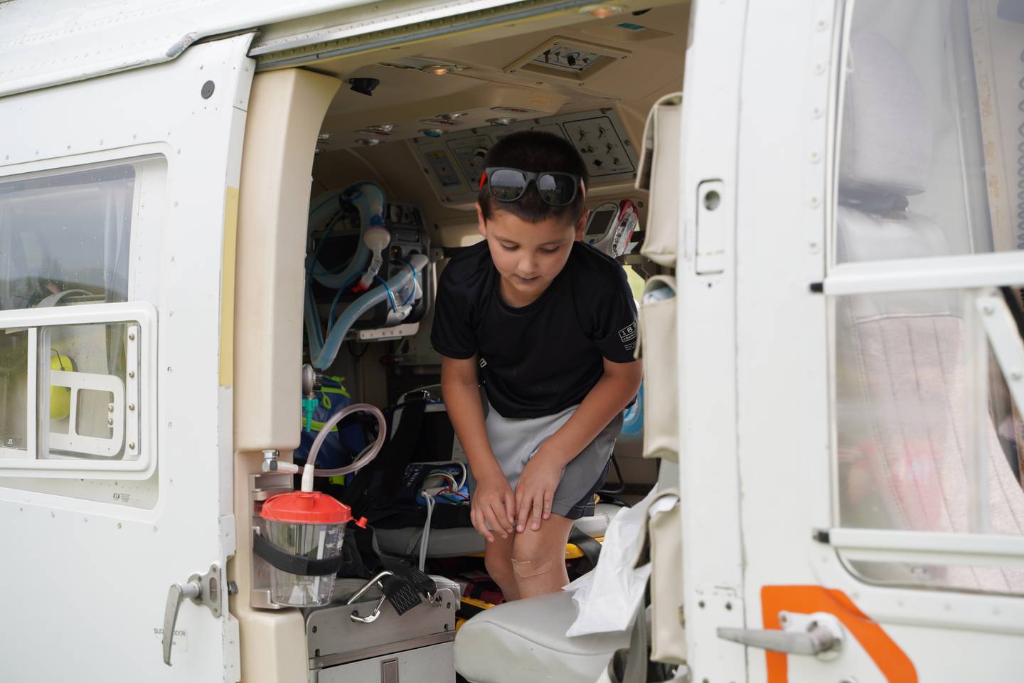 Ethan Angelus checking out the life star medical helicopter at the Plainfield Fire Protection District on Saturday, Sept. 16, 2023.