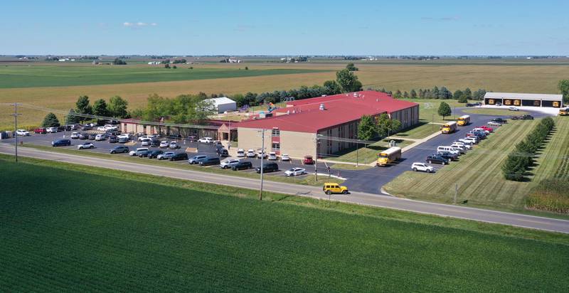 An aerial view of Wallace Grade School along North 33rd Road on Wednesday, Aug. 30, 2023 north of Ottawa. Wallace Fire Department, Illinois State Police and Ottawa Police Department were called to the school shortly after a student who ran ran out of the school and into a cornfield.