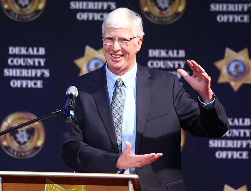 Retired DeKalb County Chief Deputy Kevin Hickey tells a funny story about former DeKalb County Sheriff Roger Scott during his memorial service Friday, March 7, 2025, at Bethany Road Bible Church in DeKalb. Scott, who was the county sheriff for 36 years, died on February 23 at the age of 78.