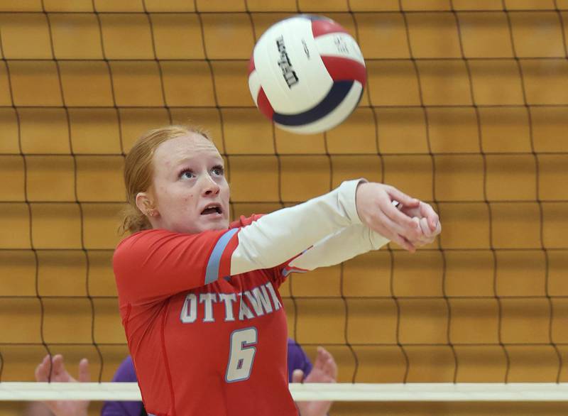 Ottawa's Jordyn Allen bumps the ball against Dixon Tuesday, Oct. 28, 2025, during their Class 3A regional semifinal match at Rochelle High School.