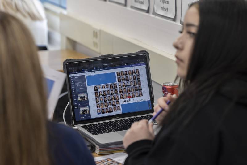 Publications student Janet Brito works on the yearbook layout for the junior class Friday, Feb. 7, 2025, at Sterling High School.