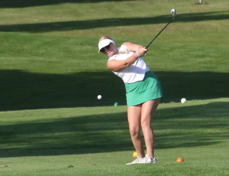 Coal City's Jackie Dodge tees off on Monday, Sept. 8, 2025 at Deer Park Golf Club in Oglesby.