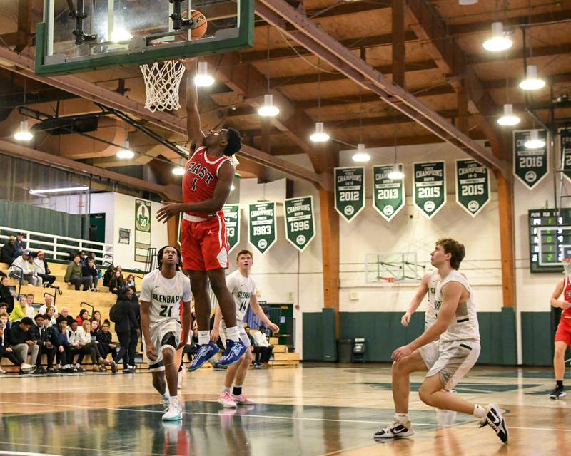 Glenbard East's Keenan House (1) makes a basket on Wednesday Nov. 26, 2025, while taking on Glenbard West during the District 87 Thanksgiving Invitational held at Glenbard West High School.