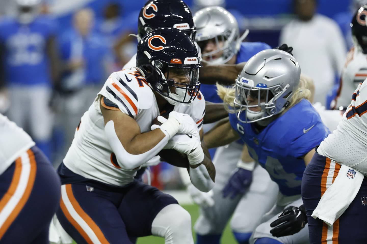 Chicago Bears running back David Montgomery rushes during the first half against the Detroit Lions, Sunday, Jan. 1, 2023, in Detroit.