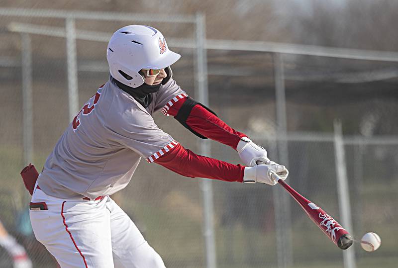 Oregon’s Kade Girton serves the ball to second for a sacrifice against Amboy Thursday, March 21, 2024 in Oregon.