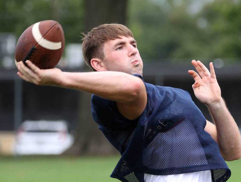 Hiawatha’s Aiden Cooper throws a pass Tuesday, Aug. 19, 2025, during practice at the school in Kirkland.