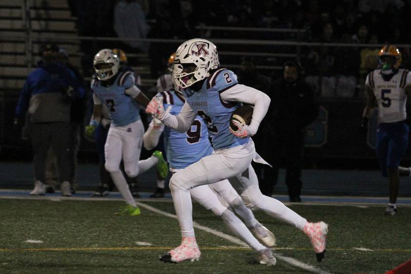 Kankakee's Ezekiel Sherrod Jr. runs the ball during the Kays’ game against Crete-Monee on Friday, Oct. 24, 2025.