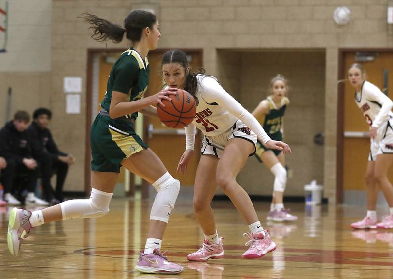 Huntley's Samantha Campanelli guards Boylan's Maggie Schmidt as she brings the ball up the court during a Dundee-Crown Thanksgiving Girls Basketball Tournament basketball game Wednesday, Nov.. 16, 2022, between Huntley and Boylan at Huntley High School.