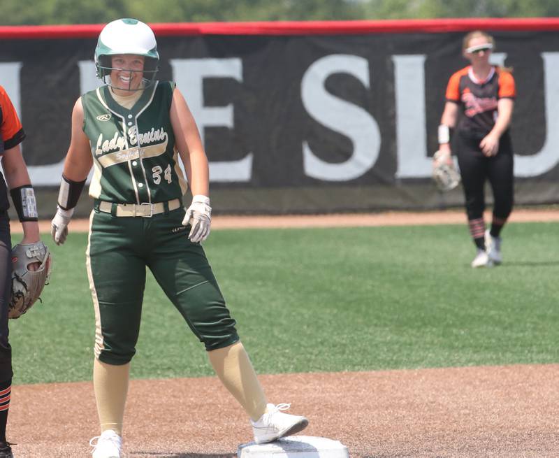 St. Bede's Tessa Dugosh smiles after reaching second base in the Class 1A State championship game on Saturday, June 3, 2023 at the Louisville Slugger Sports Complex in Peoria.