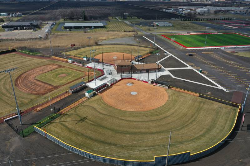 An aerial view of the baseball and softball fields at La Salle-Peru Township High School Athletic Complex on Wednesday, March 6, 2024 in La Salle.  In March of 2023,  L-P announced a $9.5 million addition/renovation to its sports complex. The project included an addition of a baseball field, two softball fields and four tennis courts; the installation of artificial turf on the soccer field; the expansion of parking; the addition of restrooms in the soccer building; and construction near the baseball/softball fields that will include a concession stand, press box and restrooms.