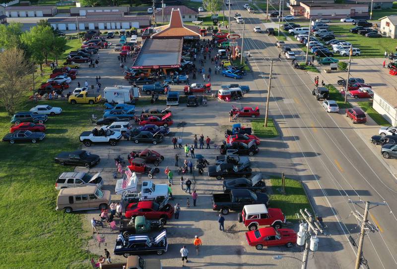An aerial view of the Kick Off Cruise on Saturday, April 25, 2026 at Root Beer Stand in Oglesby. Donations from the cruise helped fund the Kids Hot Rod Camp held June 15-19 at "The Rock" Walnut Community Bible Church in Walnut. The camp is open to kids ages 12-17.