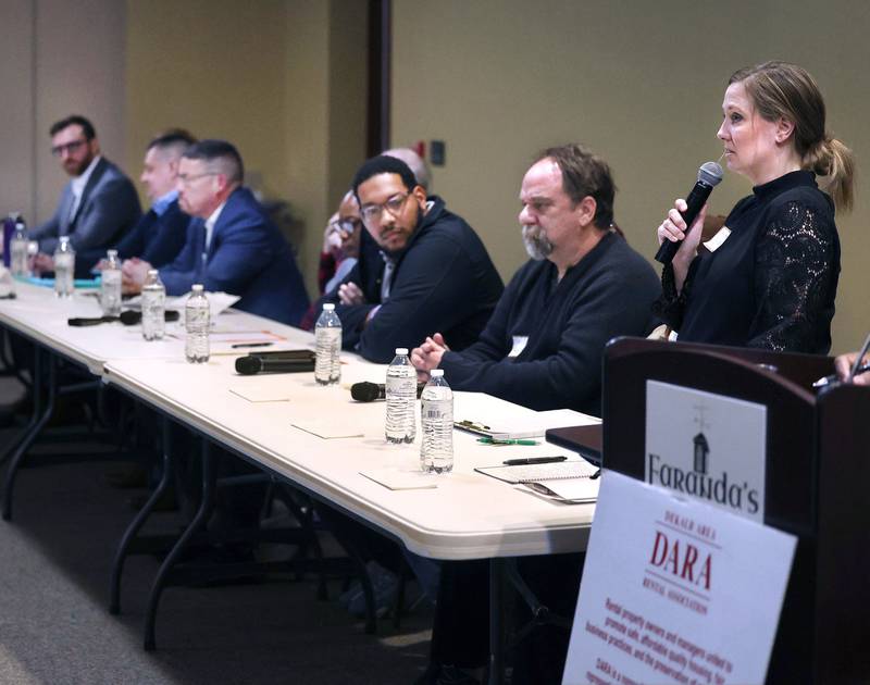 District 428 School Board candidates introduce themselves Thursday, March 20, 2025, during the DeKalb Area Rental Association and DeKalb Area Builders Association School Board Candidates Forum at Faranda's Banquets in DeKalb.