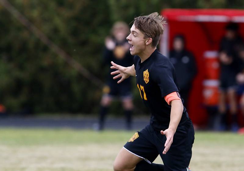 Richmond-Burton's Joseph Kyes celebrates his goal in the second half of the IHSA Class 1A Marian Central Regional Boys Soccer Final match agains Marian Central on Tuesday, Oct. 22, 2024, at Marian Central High School in Woodstock.