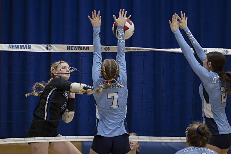 Newman’s Jess Johns hammers a shot against Bureau Valley Thursday, Sept. 28, 2023 at Newman.