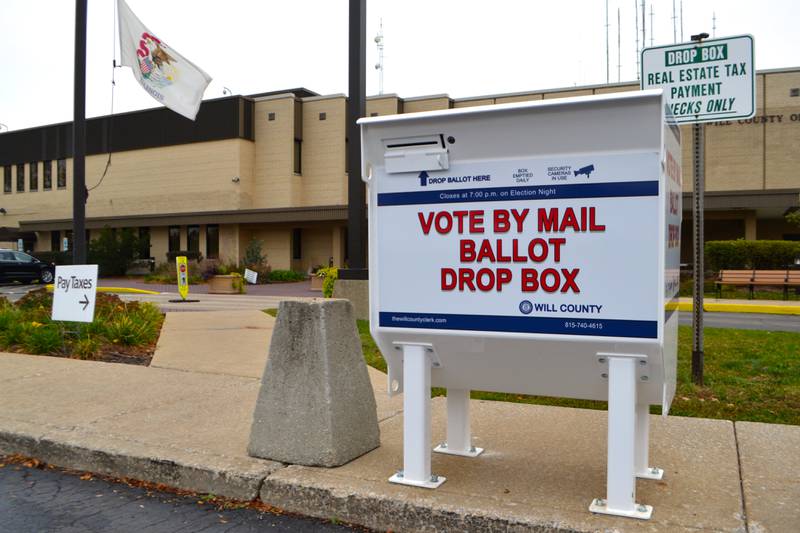 A drop box for mail-in ballots sits outside of the Will County Clerk's Office in downtown Joliet.