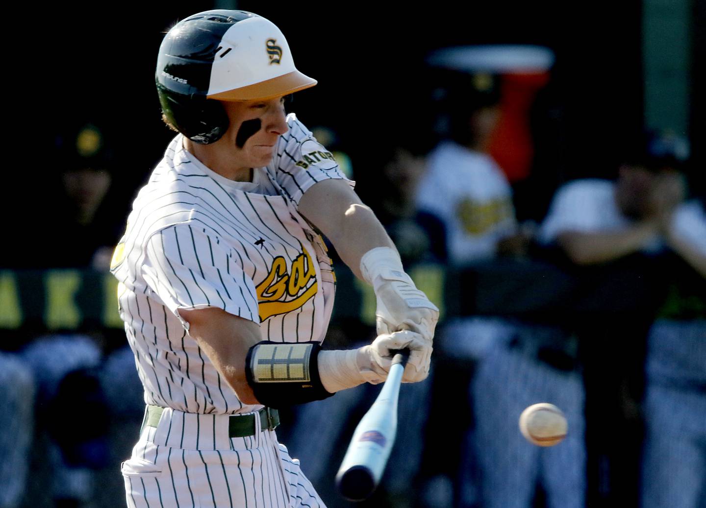 Crystal Lake South's Carson Trivellini hits the ball to score two runs during a Fox Valley Conference baseball game against Prairie Ridge on Friday, May 15, 2026, at Crystal Lake South High School.