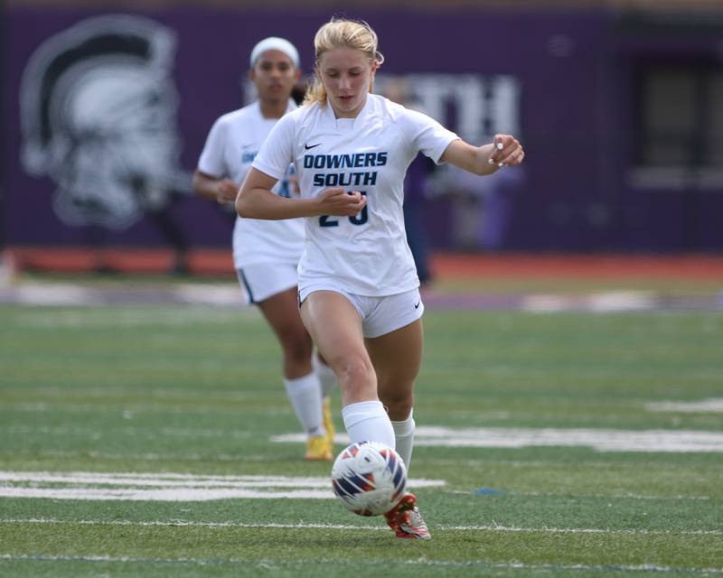 Downers Grove South's Skylar Swanson (25) advances the ball during soccer match between Downers Grove North at Downers Grove South.  May 6, 2023.