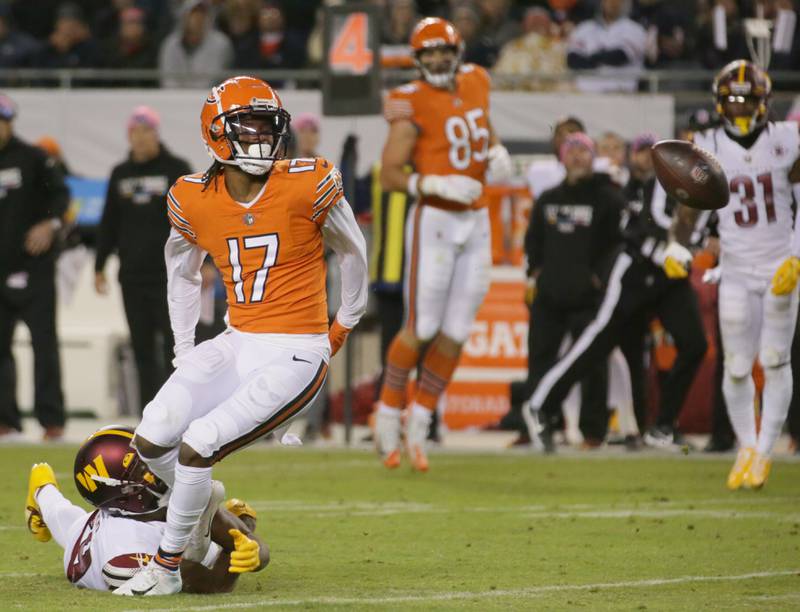 Chicago Bears wide receiver Ihmir Smith-Marsette (17) misses a pass against the Washington Commanders on Thursday, Oct. 13, 2022 at Soldier Field.