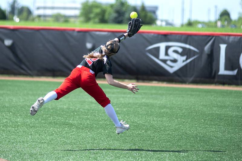 Forreston’s Alaina Miller makes a spectacular catch in the the bottom of the eighth against Newark Saturday, June 4, 2022 during the IHSA Class 1A softball state third place game.