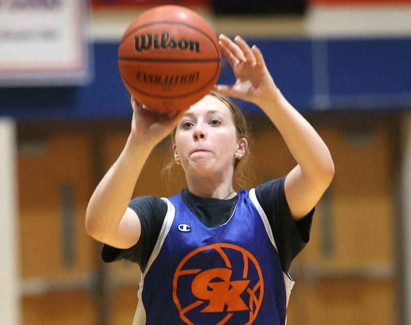 Genoa-Kingston’s Ally Poegel takes a shot during a drill Wednesday, June 26, 2024, at summer practice in the school.