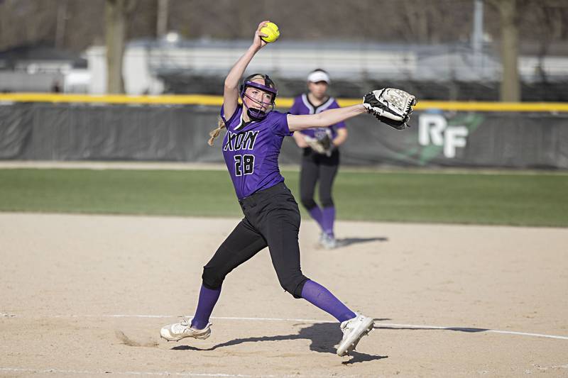 Dixon’s Allie Abell fires a pitch against Rock Falls Tuesday, April 11, 2023.
