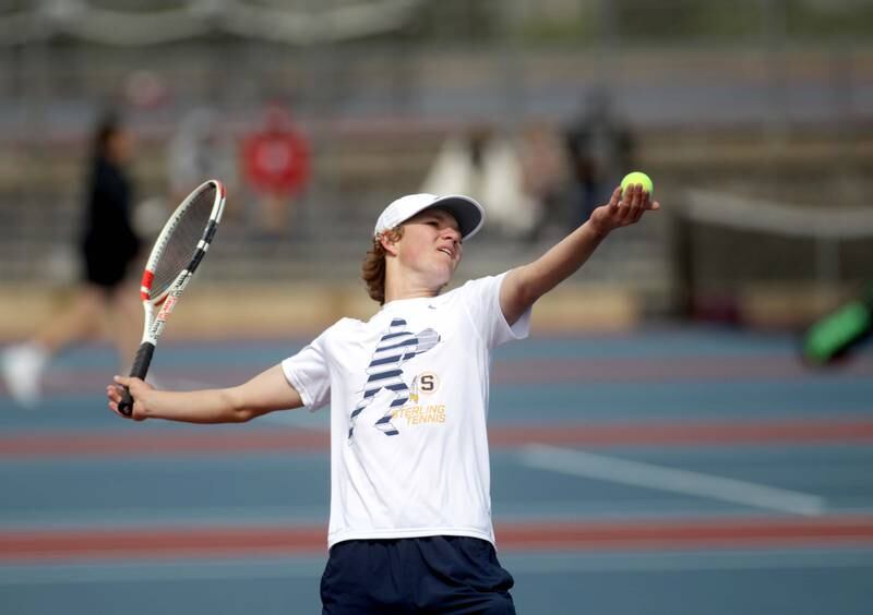 Sterling’s Brecken Peterson competes in the Class 1A Boys State Tennis Meet at Conant High School on Thursday, May 25, 2023.