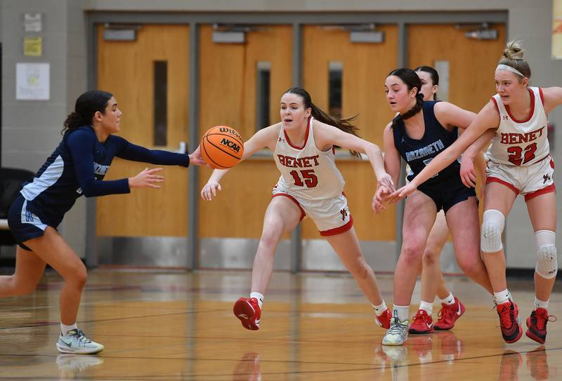 Nazareth’s Allia Von Schlegell (left) snags a loose ball in front of Benet’s Keelyn Gallagher (15) during a game on January 29, 2025 at Benet Academy in Lisle.