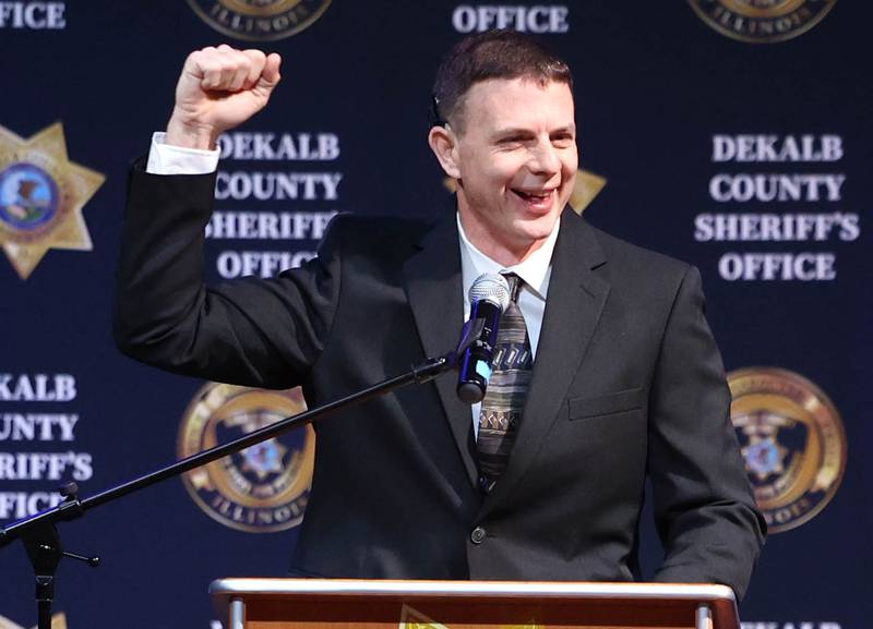 Daniel Scott, son of DeKalb County Sheriff Roger Scott, talks about his fathers love for the Chicago Cubs during the memorial service for the former sheriff Friday, March 7, 2025, at Bethany Road Bible Church in DeKalb. Scott, who was the county sheriff for 36 years, died on February 23 at the age of 78.