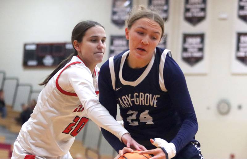 Huntley’s Alyssa Borzych, left, guards Cary-Grove’s Aria Stanton in varsity girls basketball on Monday, Feb. 2, 2026, at Huntley High School in Huntley.