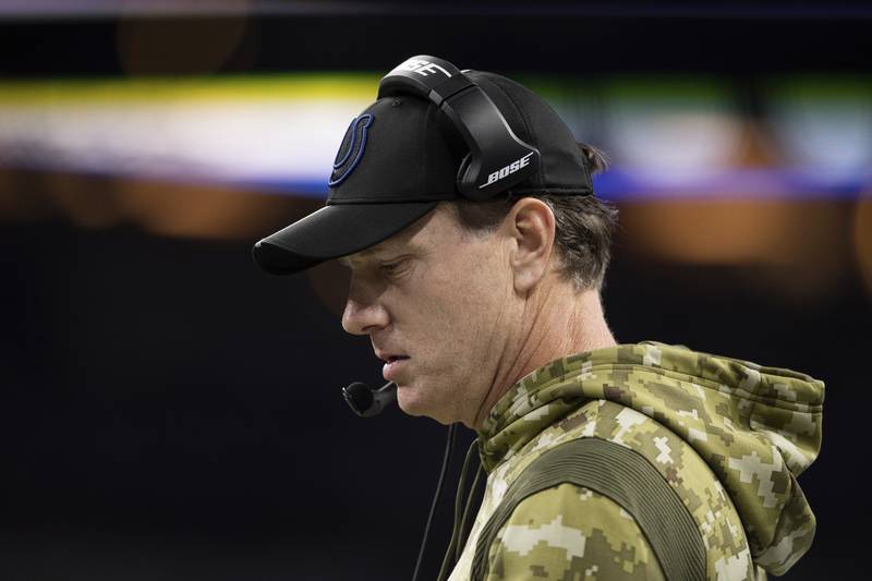 Indianapolis Colts defensive coordinator Matt Eberflus looks at his playsheet during a game against the Jacksonville Jaguars on Nov. 14, 2021, in Indianapolis.
