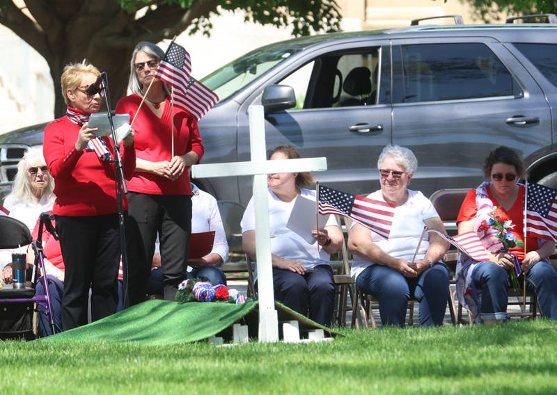 Daughers of the the American Revolution Regent Nancy Gartner delivers a poem during the Memorial Day service on Monday, May 25, 2026 at Soldiers and Sailors Park in Princeton.