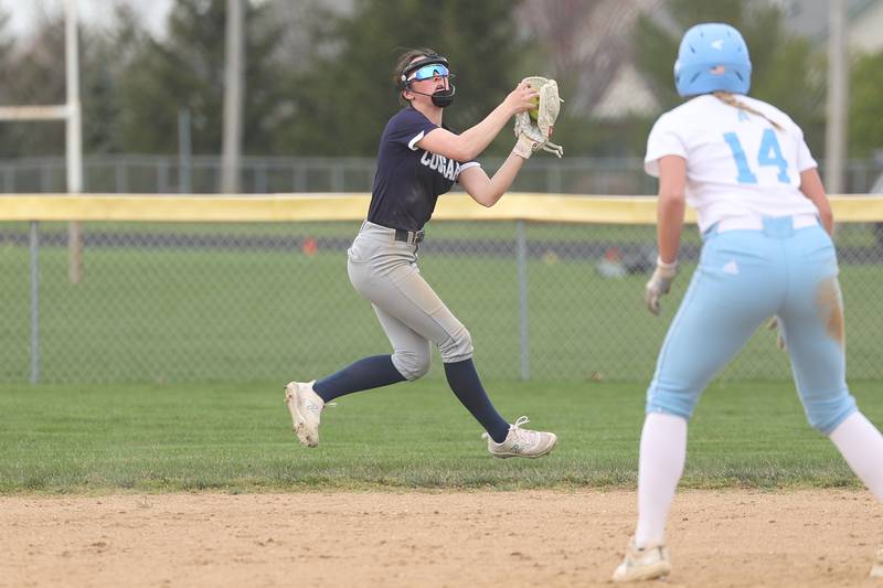 Plainfield South’s Kendal Pasquale pulls in the fly ballagainst Joliet Catholic on Wednesday, April 10, 2024.