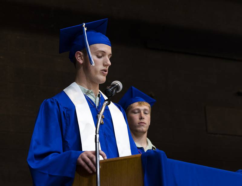 Student speaker Joseph Oswalt takes the podium Wednesday, May 21, 2025, during Newman High School’s 2025 commencement.