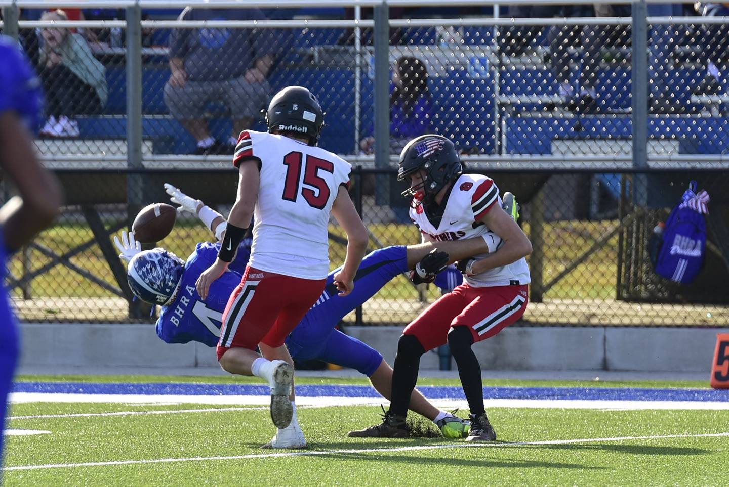 Erie-Prophetstown's Connor Keegan tackled BHRA's Chaz Dubois in mid air causing him to drop the pass during Saturday, Nov. 2, 2024 2A playoff action in Bismark.
