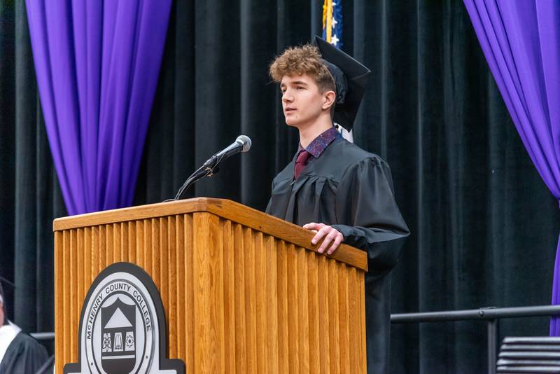 Student speaker Justice Peterman addresses the class of 2024 at McHenry County College's Winter Commencement Ceremony on Dec. 14, 2024.